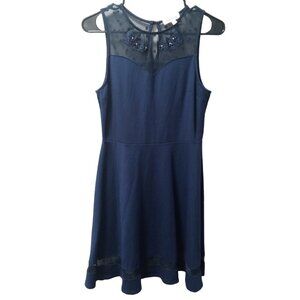 Monteau Navy blue Semi/ Formal dress -Size Medium, Lace around neck with decor